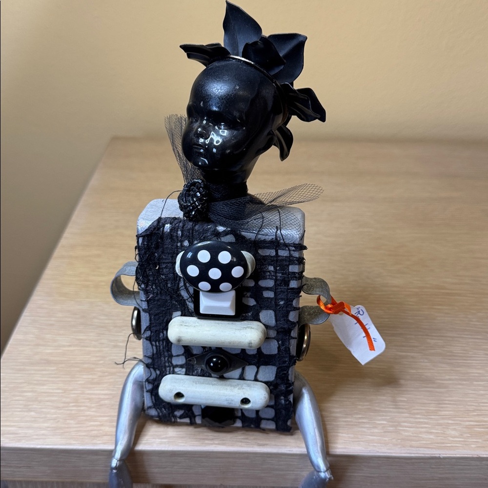 OOAK Goth Black and Silver Baby Doll Folk Art Sculpture